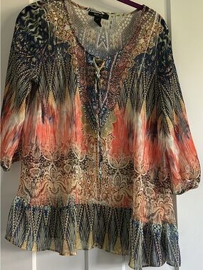 Style & Co. Coral Navy Cream Printed Boho Tunic with V-Tie